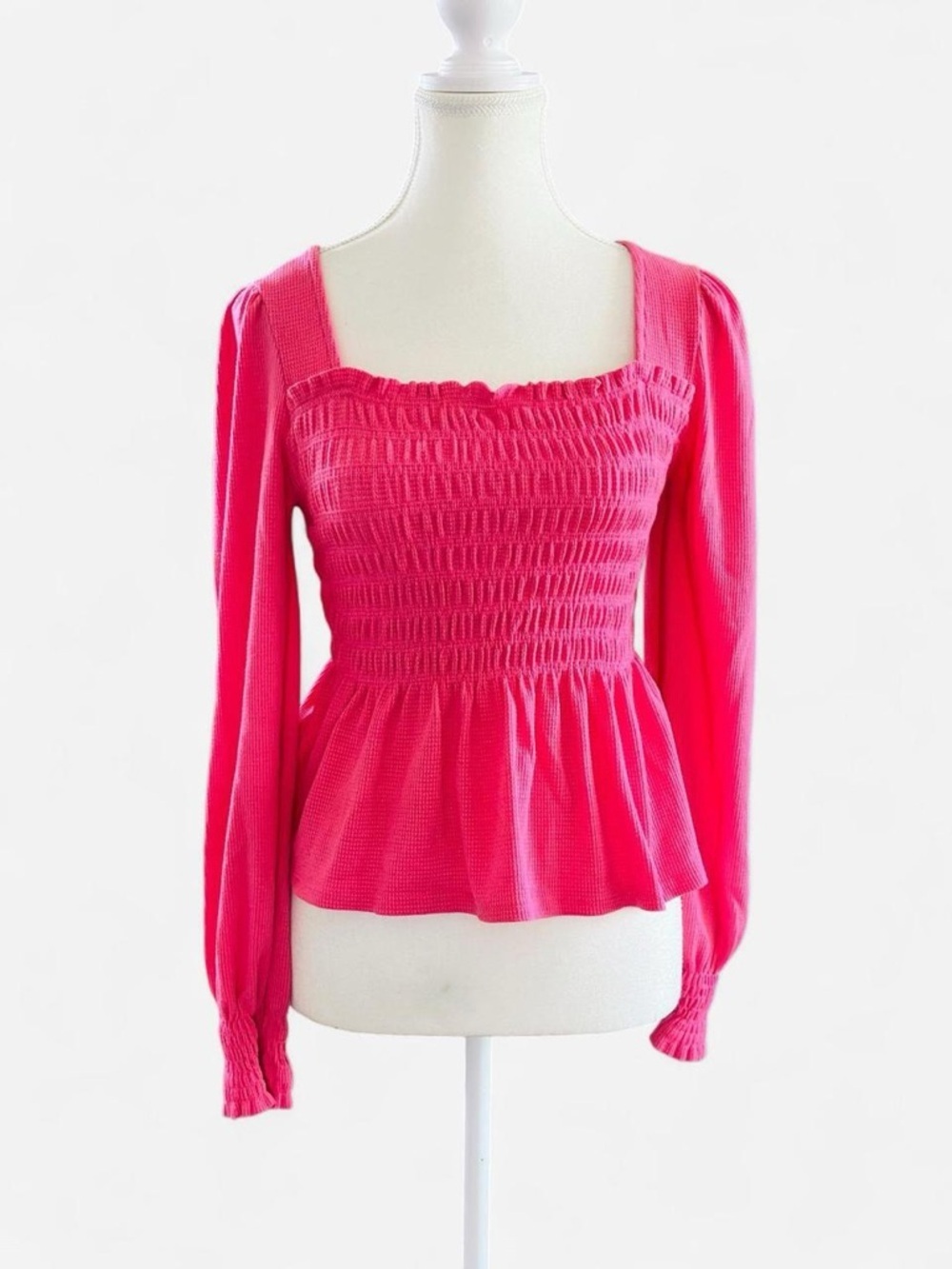 Altar’d State Pink Smocked Peplum Long Sleeve Blouse Size S